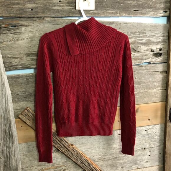 𝅺BB Essential Size Small Burgundy Cowl Neck Cable Knit Sweater - Picture 3 of 5